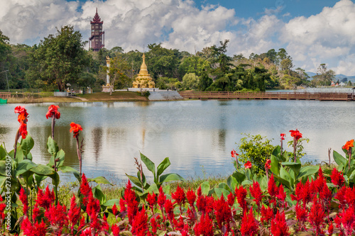 Flowers and a lake in National Kandawgyi Botanical gardens in Pyin Oo Lwin, Myanmar © Matyas Rehak