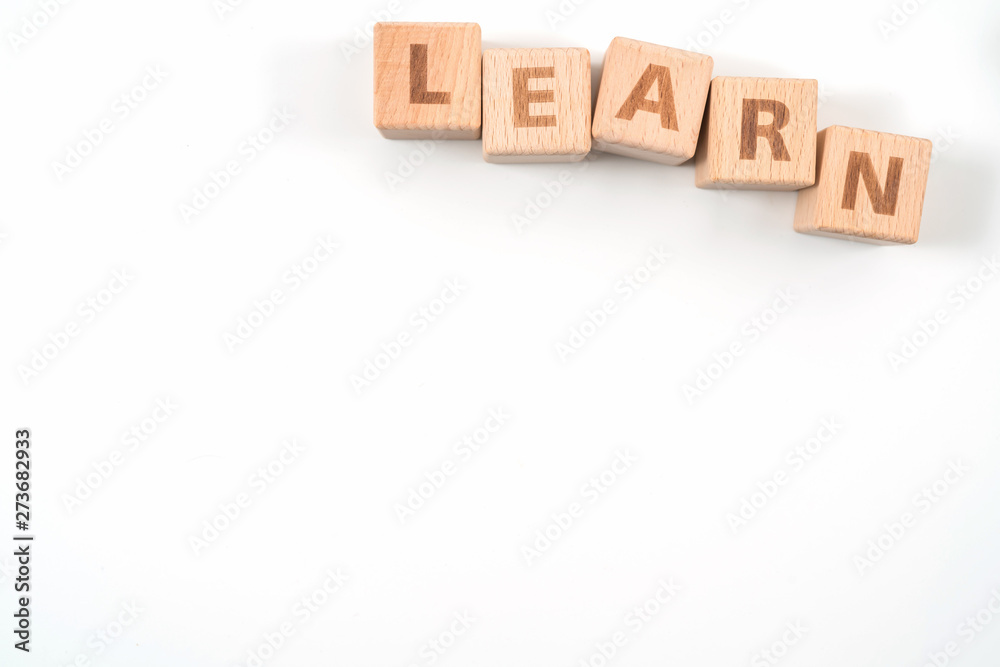 Obraz premium word LEARN on wood cube dices on white background.