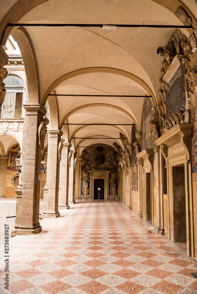The Archiginnasio library gallery in Bologna, Italy