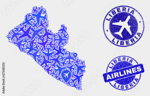 Air plane vector Liberia map mosaic and scratched stamps. Abstract Liberia map is composed of blue flat randomized air plane symbols and map pointers. Transport plan in blue colors,