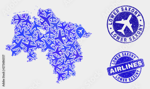 Airline vector Lower Saxony Land map collage and scratched stamps. Abstract Lower Saxony Land map is constructed of blue flat random airline symbols and map locations. Delivery scheme in blue colors,