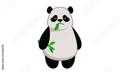Grumpy panda vector illustration. Flat cartoon panda bear holding bamboo branch. Isolated on white background.