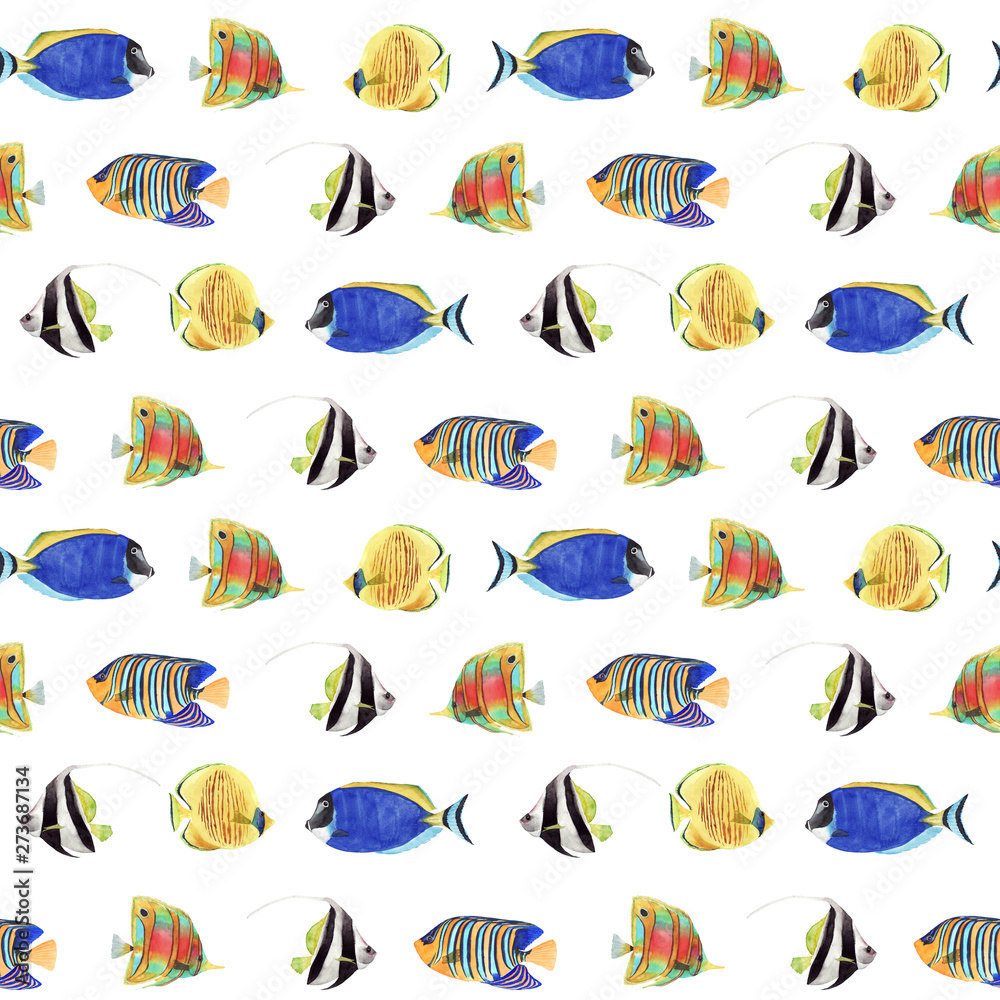 Obraz premium hand drawn watercolor seamless pattern with colorful tropical fish on white background. design for textile, cloth, wrapping paper