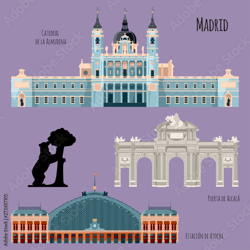 Sights of Madrid, Spain. Almudena Cathedral, Railway station Atocha, Alcala Gate, Statue of the Bear and the Strawberry Tree.