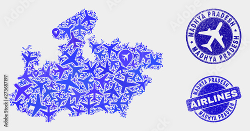 Airline vector Madhya Pradesh State map mosaic and scratched watermarks. Abstract Madhya Pradesh State map is constructed with blue flat scattered airline symbols and map pointers.