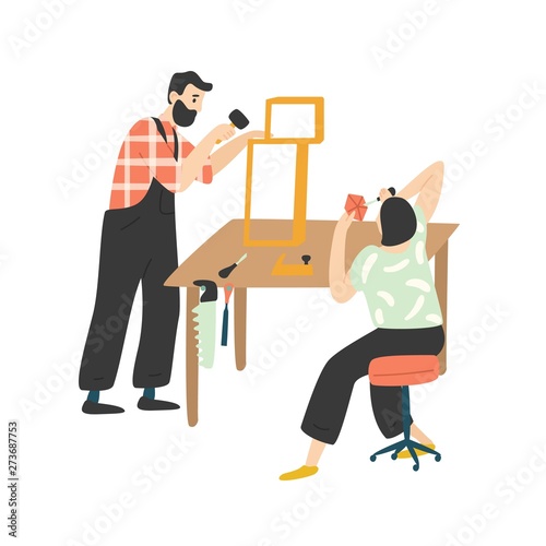 Adorable happy romantic couple creating or repairing furniture. Cute funny man and woman enjoying their hobby together. Pair of people woodworking. Flat cartoon colorful vector illustration.