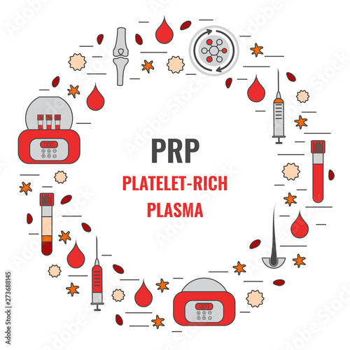 PRP treatment vector poster in line style. Test tubes and syringes filled with blood before and after separation of platelets in the centrifuge. Platelet-rich plasma regenerative medicine concept.