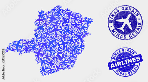Airlines vector Minas Gerais State map composition and grunge stamps. Abstract Minas Gerais State map is created with blue flat scattered airlines symbols and map markers. Flight plan in blue colors,