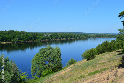 trees grow along the banks of the blue river on a Sunny summer day