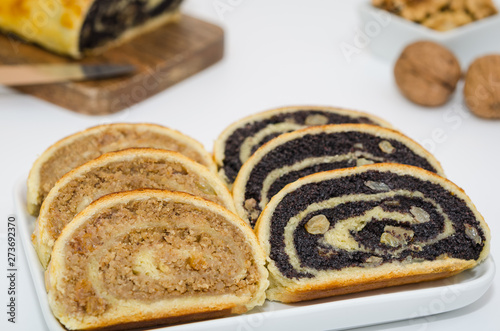  Sliced beigli. Beigli - hungarian poppy seed and walnut rolls 