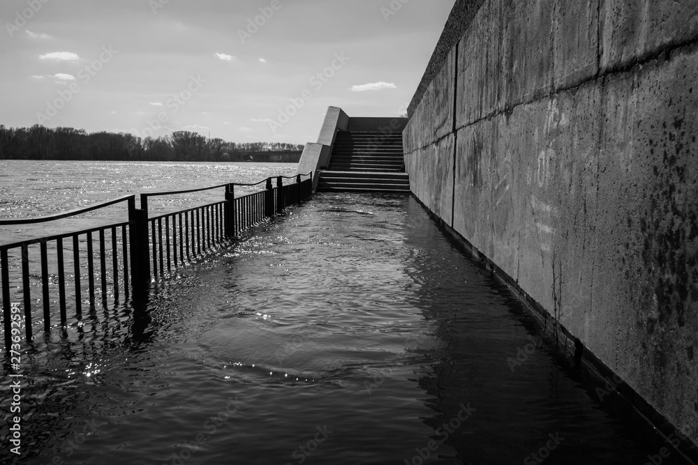 Obraz premium Flooded embankment. Irtysh river. Ust-kamenogorsk (Kazakhstan). Black and White