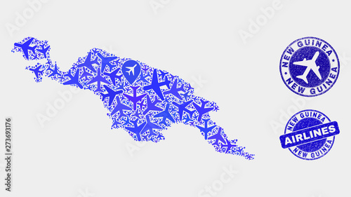 Airplane vector New Guinea map mosaic and scratched stamps. Abstract New Guinea map is designed of blue flat random airplane symbols and map markers. Flight scheme in blue colors, and rounded stamps.