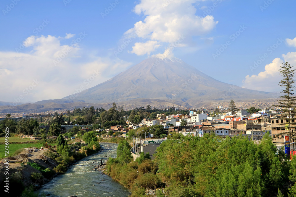 Panoramic View of Misti Volcano and Chili River as Seen from Arequipa Old City Centre, Arequipa, Peru, South America 