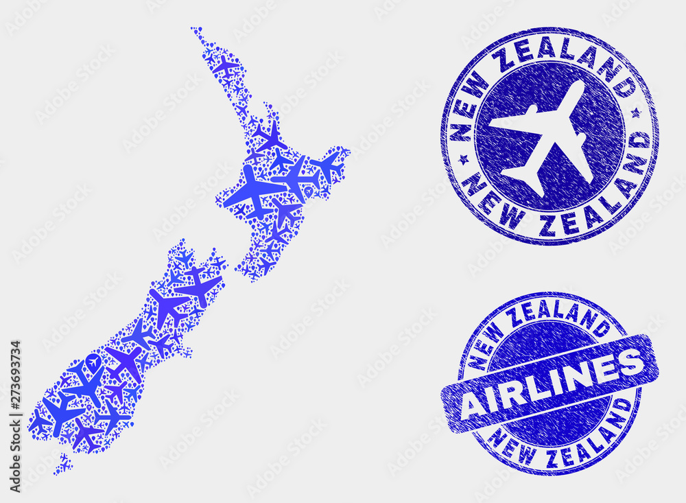 Air plane vector New Zealand map mosaic and scratched seals. Abstract New Zealand map is composed from blue flat random air plane symbols and map markers. Tourism scheme in blue colors, Air plane vector New Zealand map mosaic and scratched seals. Abstract New Zealand map is composed from blue flat random air plane symbols and map markers. Tourism scheme in blue colors,