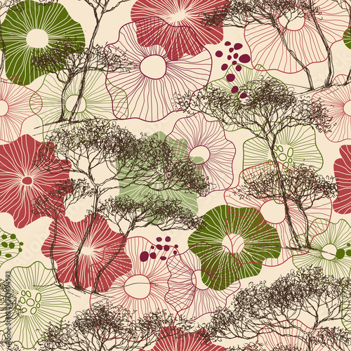 Trees and flowers seamless pattern, nature print