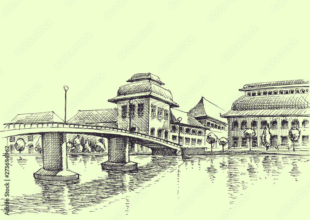 City bridge over the river hand drawing, generic urban architecture vector sketch