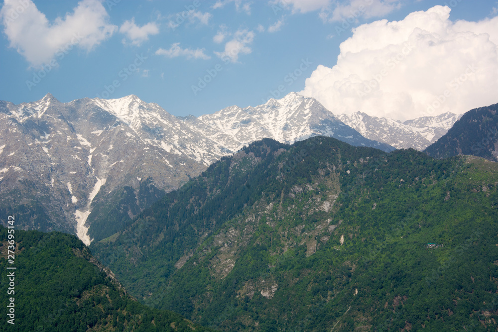 A beautiful view of the Dhauladhar Himalayan Range on a clear day at Kareri, Himachal Pradesh, India