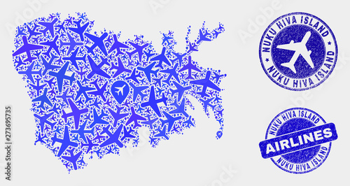 Aviation vector Nuku Hiva Island map mosaic and grunge stamps. Abstract Nuku Hiva Island map is created from blue flat scattered air plane symbols and map markers. Tourism scheme in blue colors,