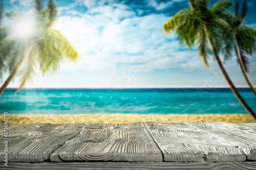 Fototapeta Naklejka Na Ścianę i Meble -  Summer board of free space for your decoration and beach landscape with palms 
