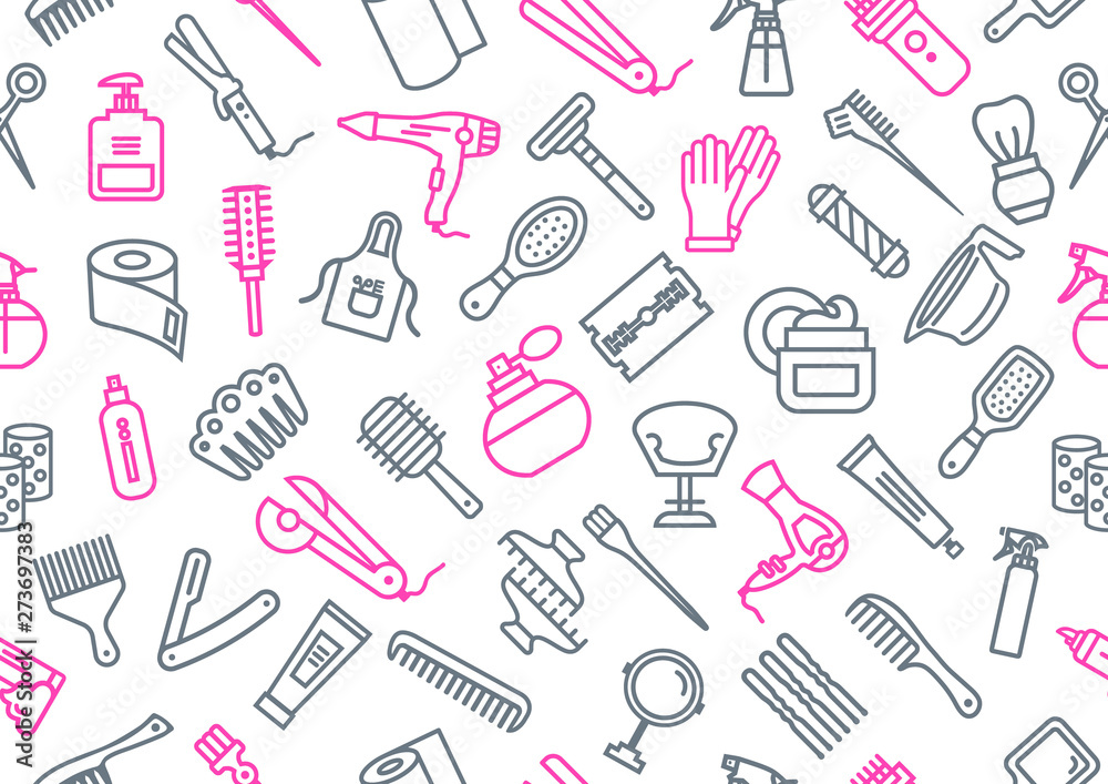 Vector pattern of hairdresser elements on white background. Illustration of hairdresser accessories.