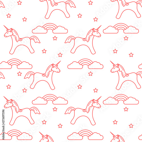 Pattern with magic unicorn, stars, clouds, rainbow