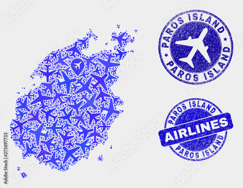 Aircraft vector Paros Island map mosaic and scratched stamps. Abstract Paros Island map is designed with blue flat random airlines symbols and map markers. Delivery scheme in blue colors,