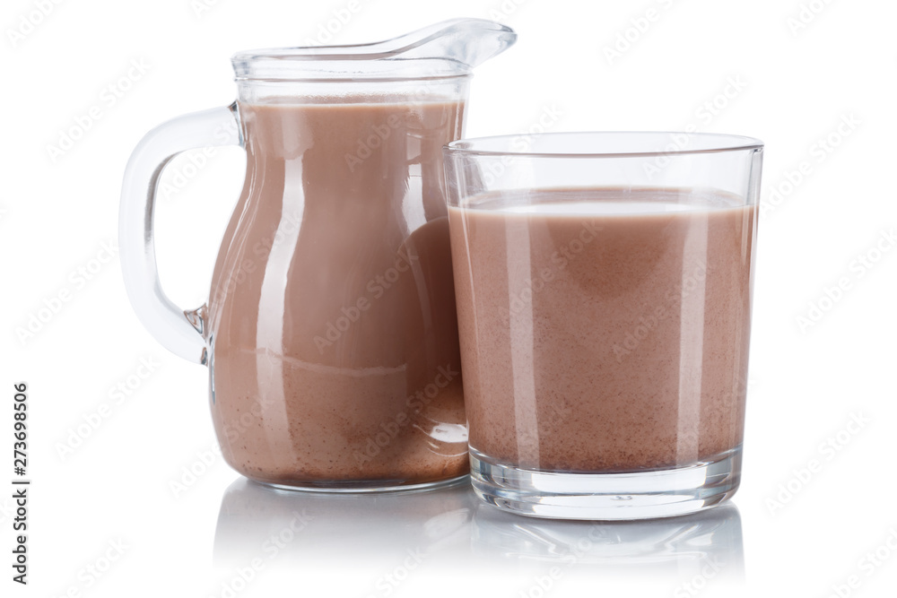 Fresh chocolate milk in a glass and churn isolated on white Fresh chocolate milk in a glass and churn isolated on white