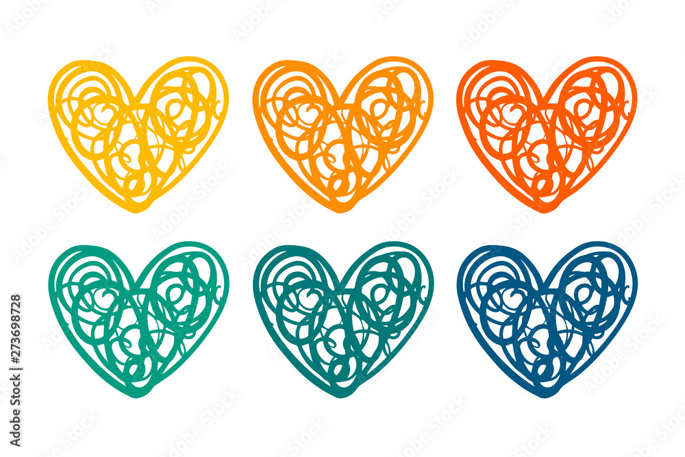 Colored heart set of six. Vector pattern illustration. Cut out style