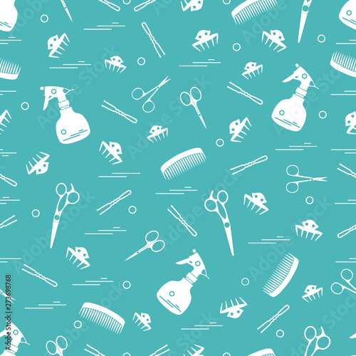 Cute pattern of scissors, combs, hairclip, hairpins and sprayer. For the provision of hairdressing services.