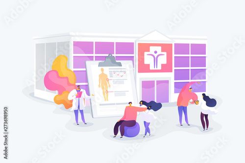 Physiotherapy and rehab clinic patients exercising. Rehabilitation center, rehabilitation hospital, stabilization of medical conditions concept. Vector isolated concept creative illustration