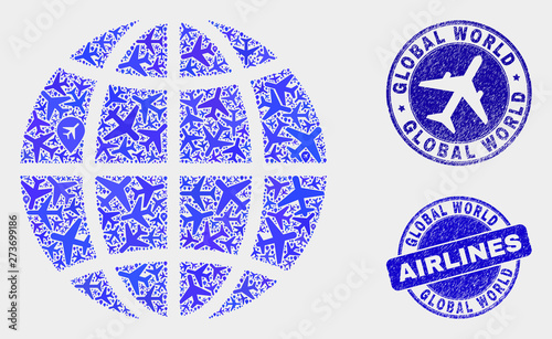 Aviation vector planet globe composition and scratched seals. Abstract planet globe is created from blue flat scattered airline symbols and map markers. Tourism plan in blue colors, and rounded seals.
