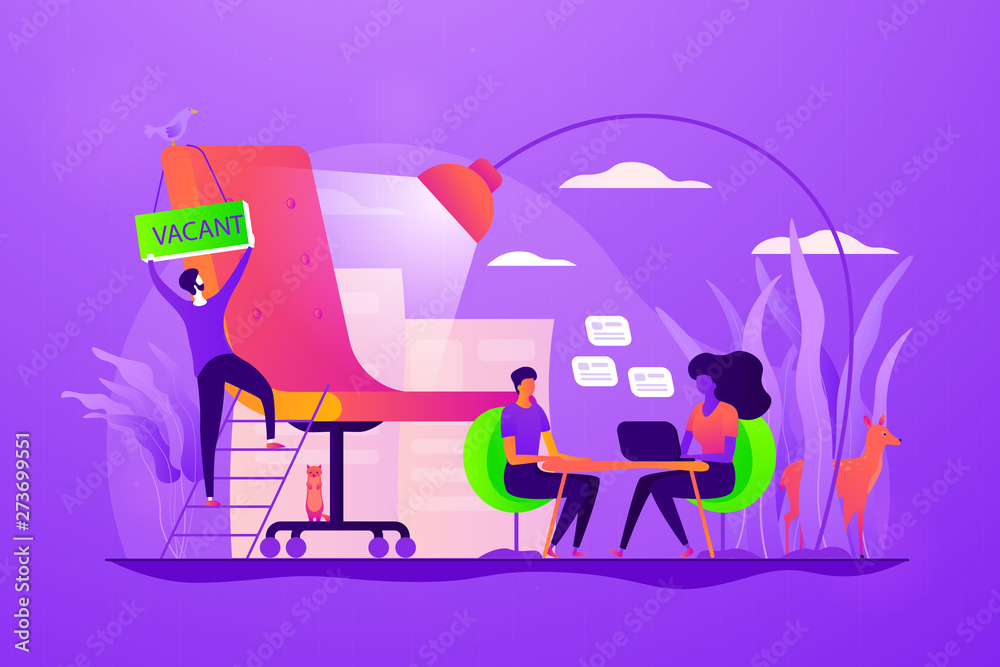 Recruitment agency, human resources service, recruitment network and candidate interview concept. Vector isolated concept illustration with tiny people and floral elements. Hero image for website.