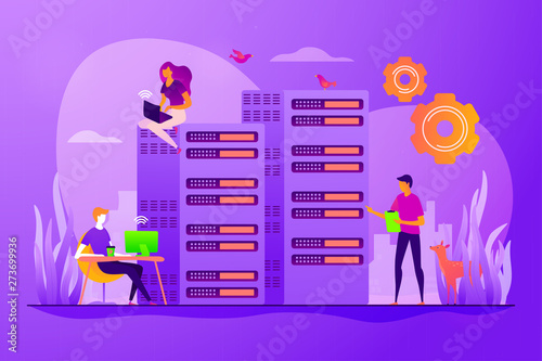 Server farm, mainframe maintenance. Datacenter diagnostics and support. System administration, network upkeeping, computer systems configuration concept. Vector isolated concept creative illustration
