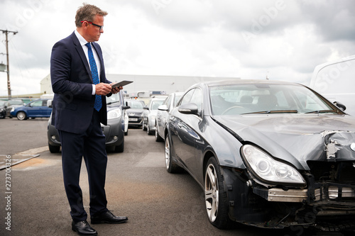 Konstfotografi Male Insurance Loss Adjuster With Digital Tablet Inspecting Damage To Car From M