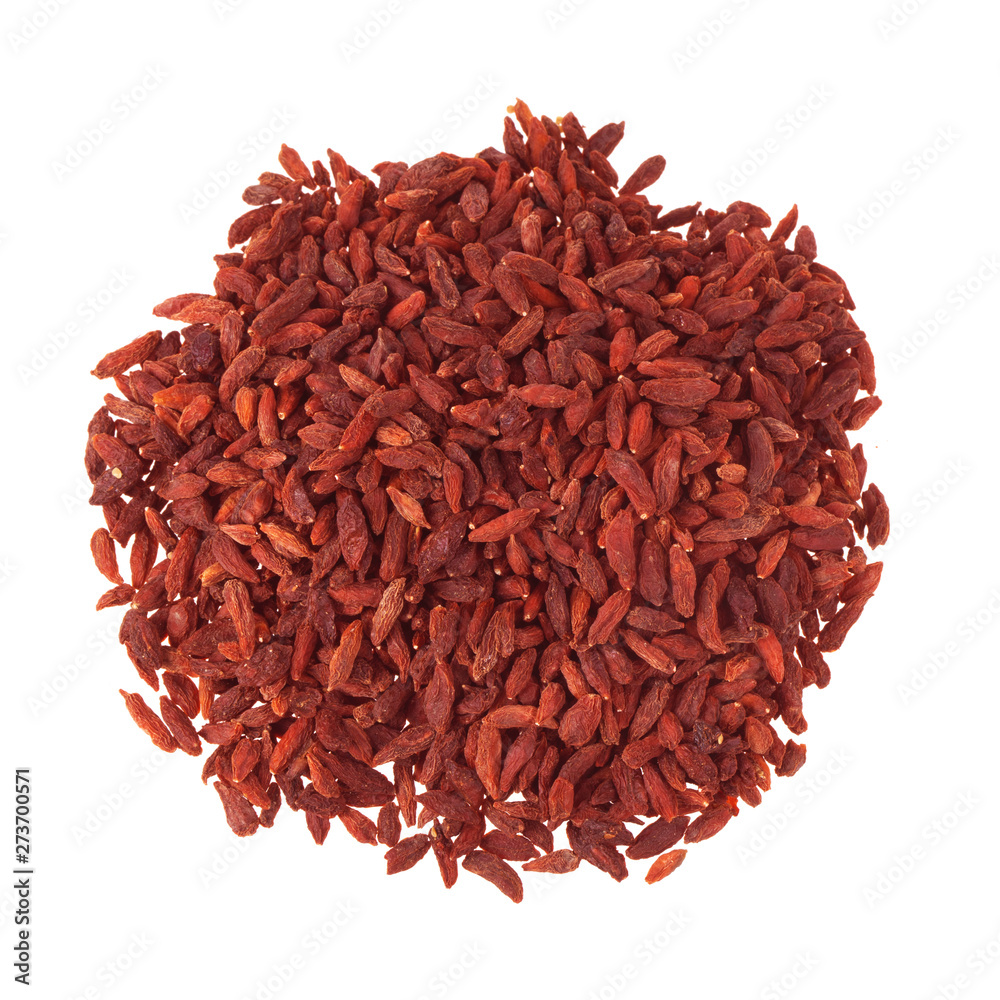 heap of goji berriers isolated on white background. top view