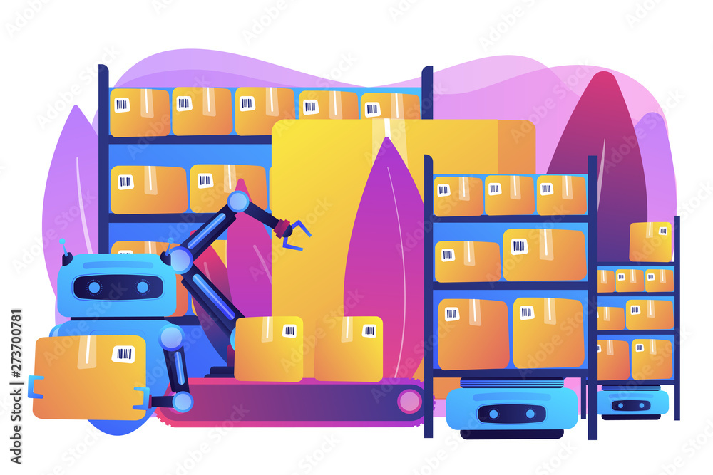 Storehouse automatic packages loading technology. Warehousing robotization, warehouse robotics engineering, self-driving forklifts concept. Bright vibrant violet vector isolated illustration - obrazy, fototapety, plakaty 