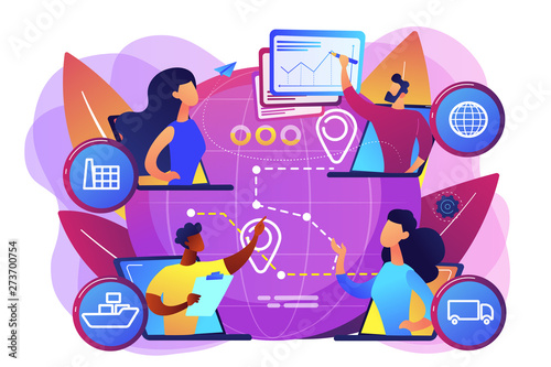 Global distribution, international cargo freight company. Supply chain management, logistics operations control, streamline your logistics concept. Bright vibrant violet vector isolated illustration