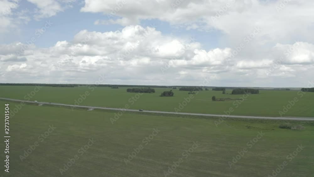 two huge fields with fresh young green grass, and the road between the fields, the freeway, on which cars move two huge fields with fresh young green grass, and the road between the fields, the freeway, on which cars move