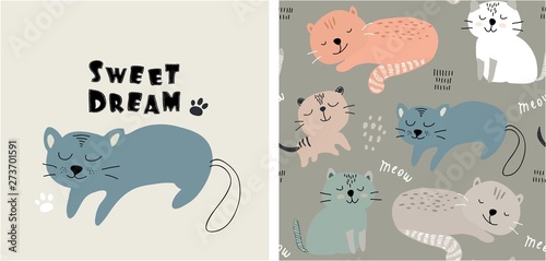set of cute cat print and seamless pattern with cats. vector