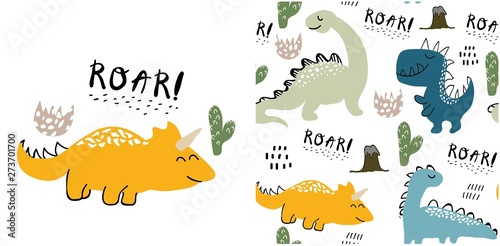 set of cute dinosaur print and seamless pattern with dinosaurs. vector illustration
