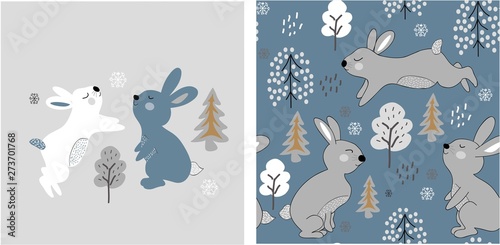 set of cute bunny print and seamless bunny pattern. vector