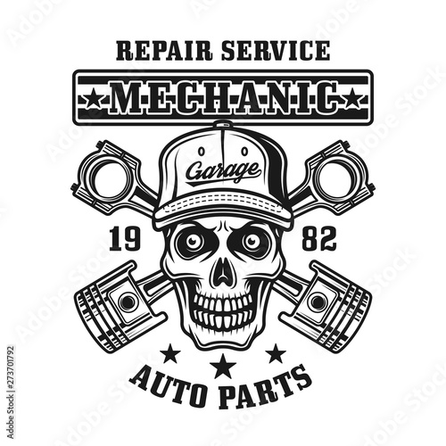 Mechanic skull and pistons vector vintage emblem