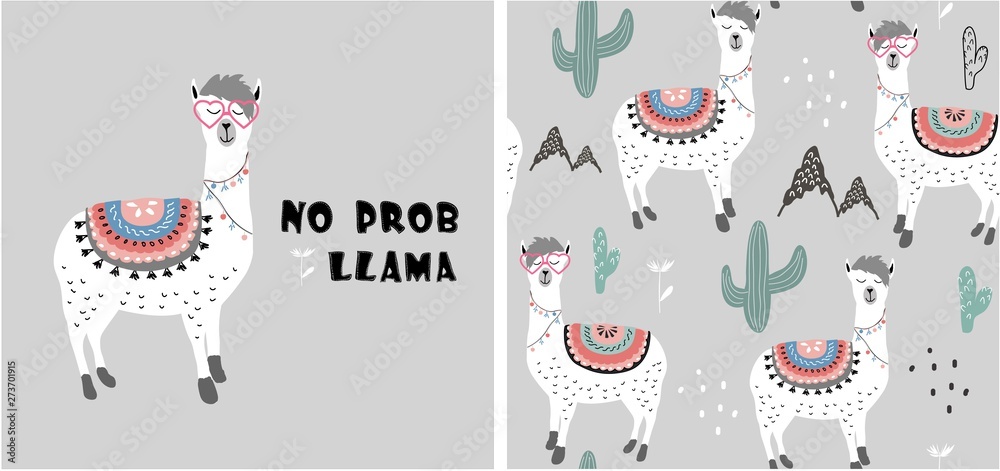 set of cute llama print and seamless pattern with llamas. vector