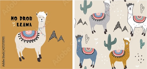 set of cute llama print and seamless pattern with llamas. vector