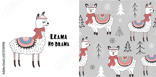 set of cute llama print and seamless pattern with llamas. vector