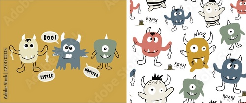 set of cute monster print and seamless pattern with monsters.vector illustration