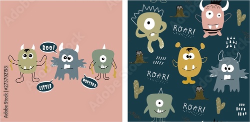 set of cute monster print and seamless pattern with monsters.vector illustration