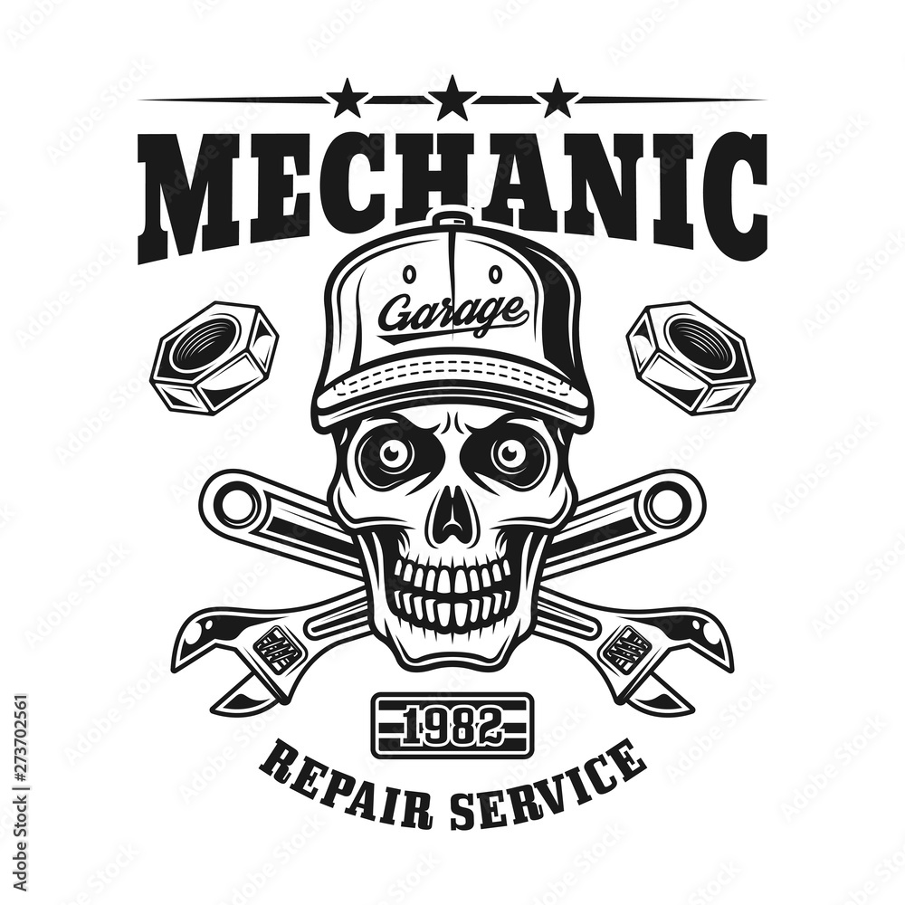 Fototapeta premium Mechanic skull vector emblem for repair service