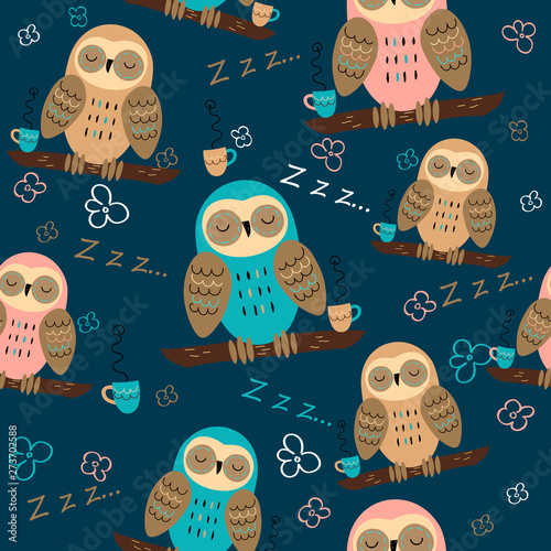 Seamless pattern. Owls dream. Cute style. Pajama fabric Vector