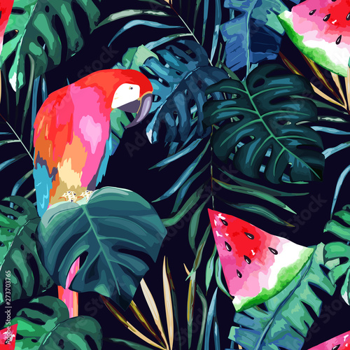 Summer pattern with watercolor parrot, palm leaves and watermelon. Vector ill...